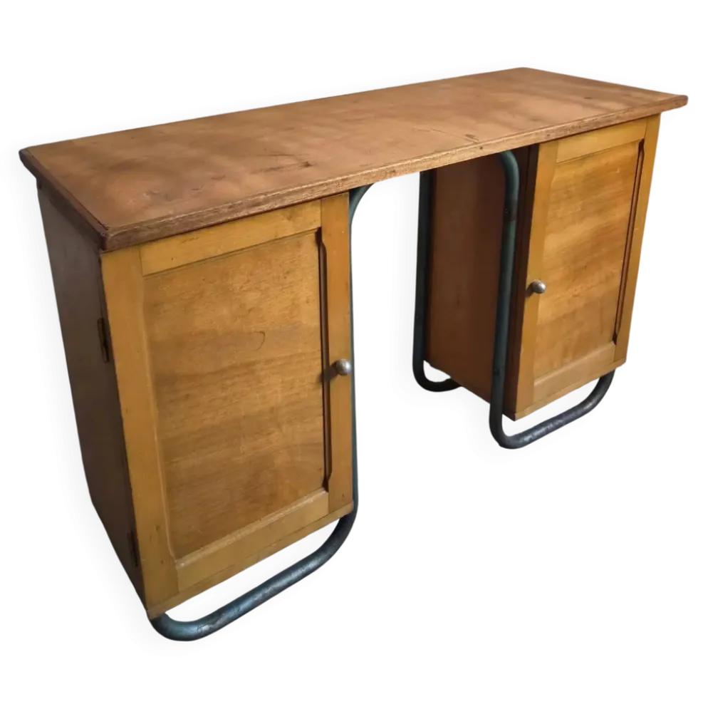 Bureau d'écriture moderniste français en hêtre et acier tubulaire, années 1930