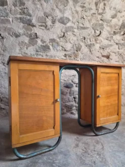 Bureau d'écriture moderniste français en hêtre et acier tubulaire, années 1930
