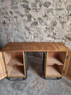 Bureau d'écriture moderniste français en hêtre et acier tubulaire, années 1930