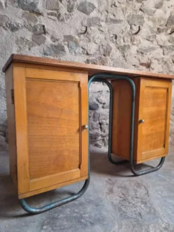 Bureau d'écriture moderniste français en hêtre et acier tubulaire, années 1930