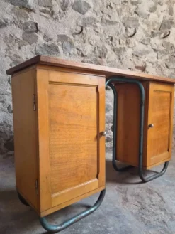 Bureau d'écriture moderniste français en hêtre et acier tubulaire, années 1930