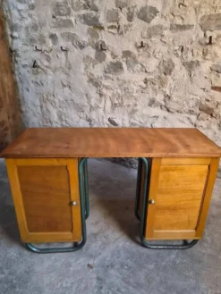 Bureau d'écriture moderniste français en hêtre et acier tubulaire, années 1930