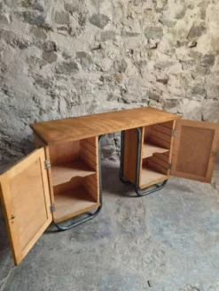 Bureau d'écriture moderniste français en hêtre et acier tubulaire, années 1930