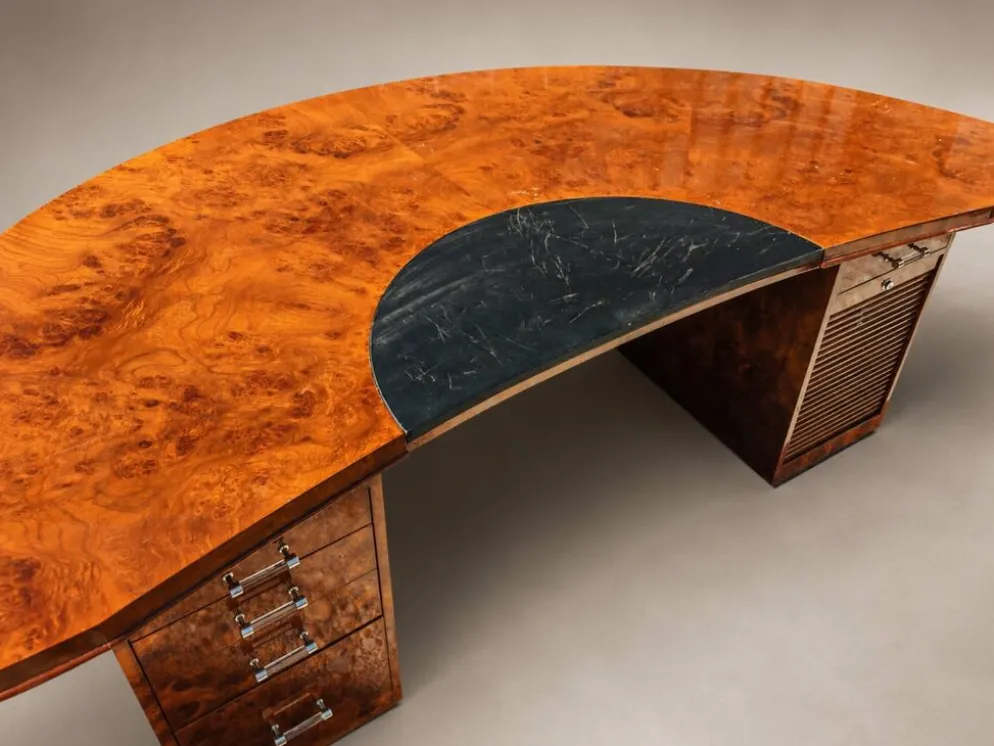 Bureau de direction vintage en loupe de bois – années 1970