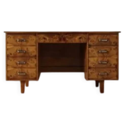 Bureau des années 50 avec placage en ronce et huit tiroirs, Tchécoslovaquie, 140,5 × 69,5 × 77,5 cm