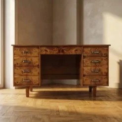 Bureau des années 50 avec placage en ronce et huit tiroirs, Tchécoslovaquie, 140,5 × 69,5 × 77,5 cm