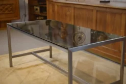 Bureau design en inox brossé et verre fumé noir 1980’s