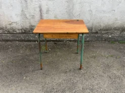 Bureau ecolier ancien bois et metal vert - trou encrier - vintage ecole