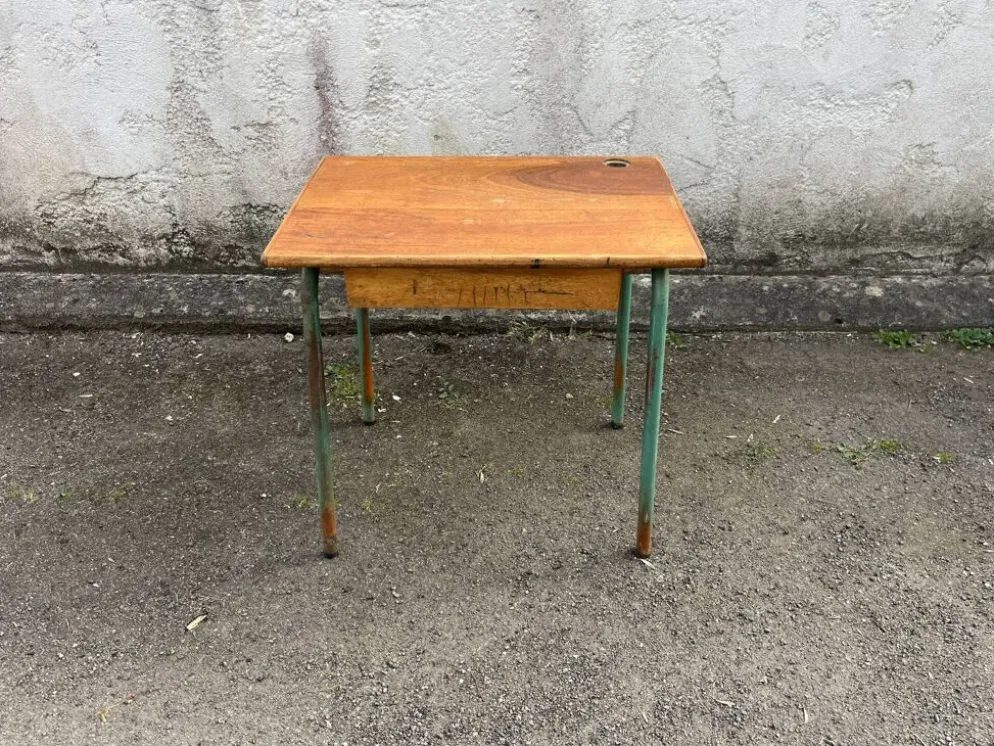 Bureau ecolier ancien bois et metal vert - trou encrier - vintage ecole
