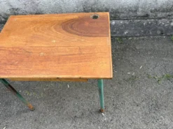 Bureau ecolier ancien bois et metal vert - trou encrier - vintage ecole