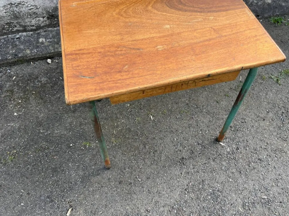 Bureau ecolier ancien bois et metal vert - trou encrier - vintage ecole