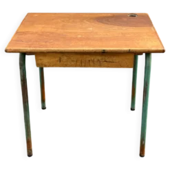 Bureau ecolier ancien bois et metal vert - trou encrier - vintage ecole