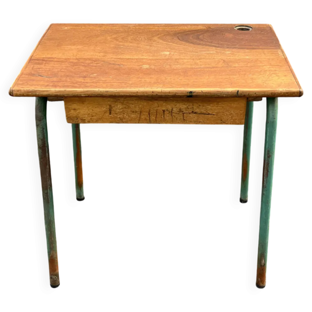 Bureau ecolier ancien bois et metal vert - trou encrier - vintage ecole