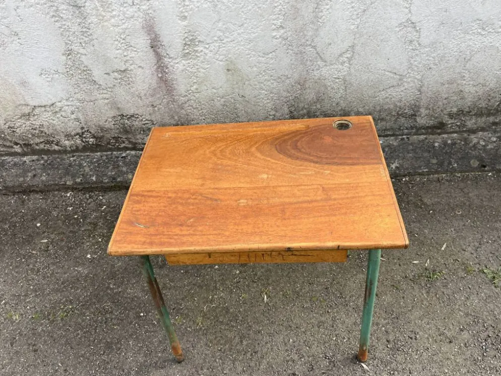 Bureau ecolier ancien bois et metal vert - trou encrier - vintage ecole