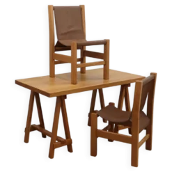 Bureau en hêtre massif avec chaises en cuir, Italie 1970