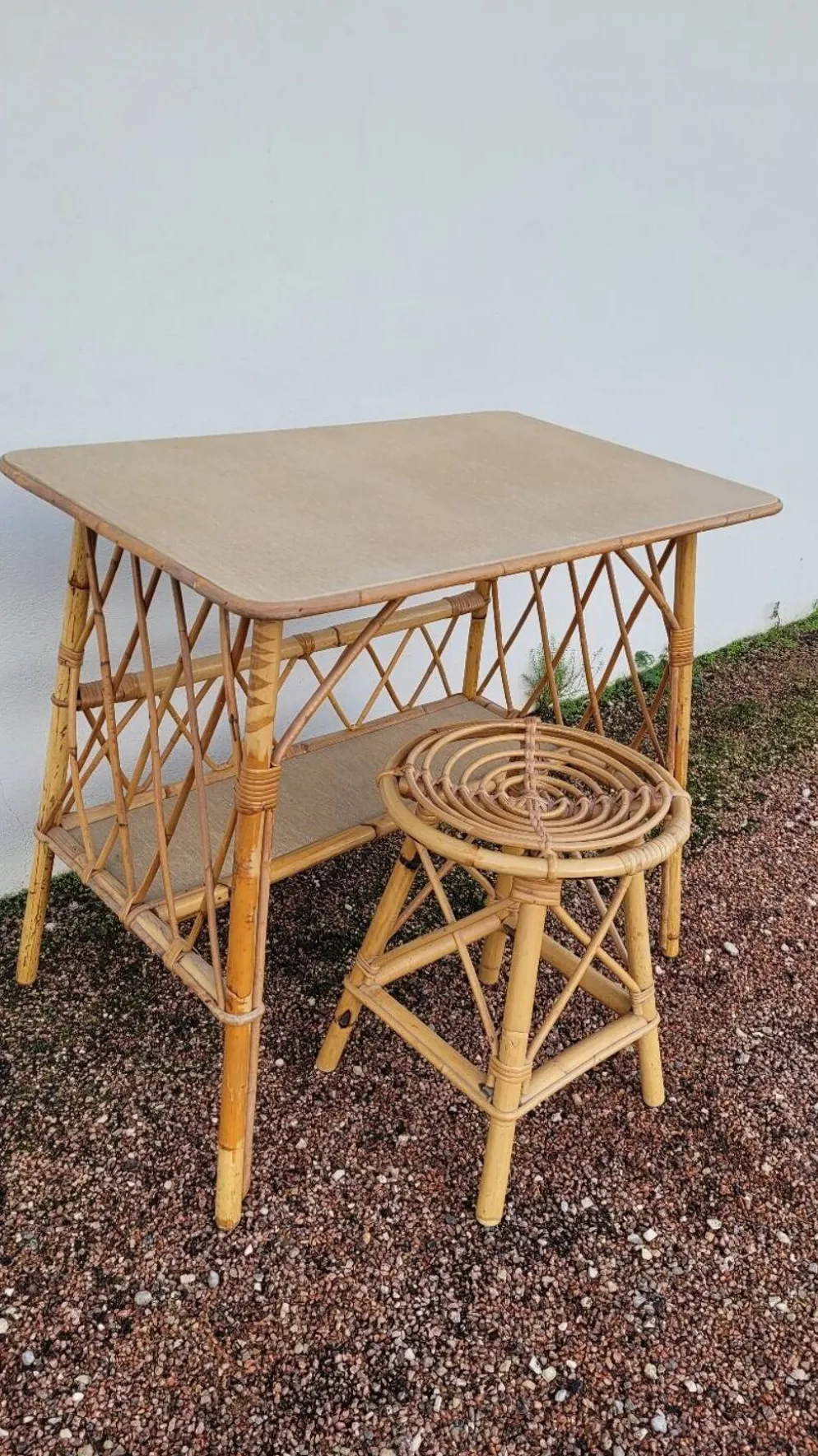 Bureau en rotin avec tabouret vintage- 1950s