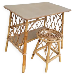 Bureau en rotin avec tabouret vintage- 1950s
