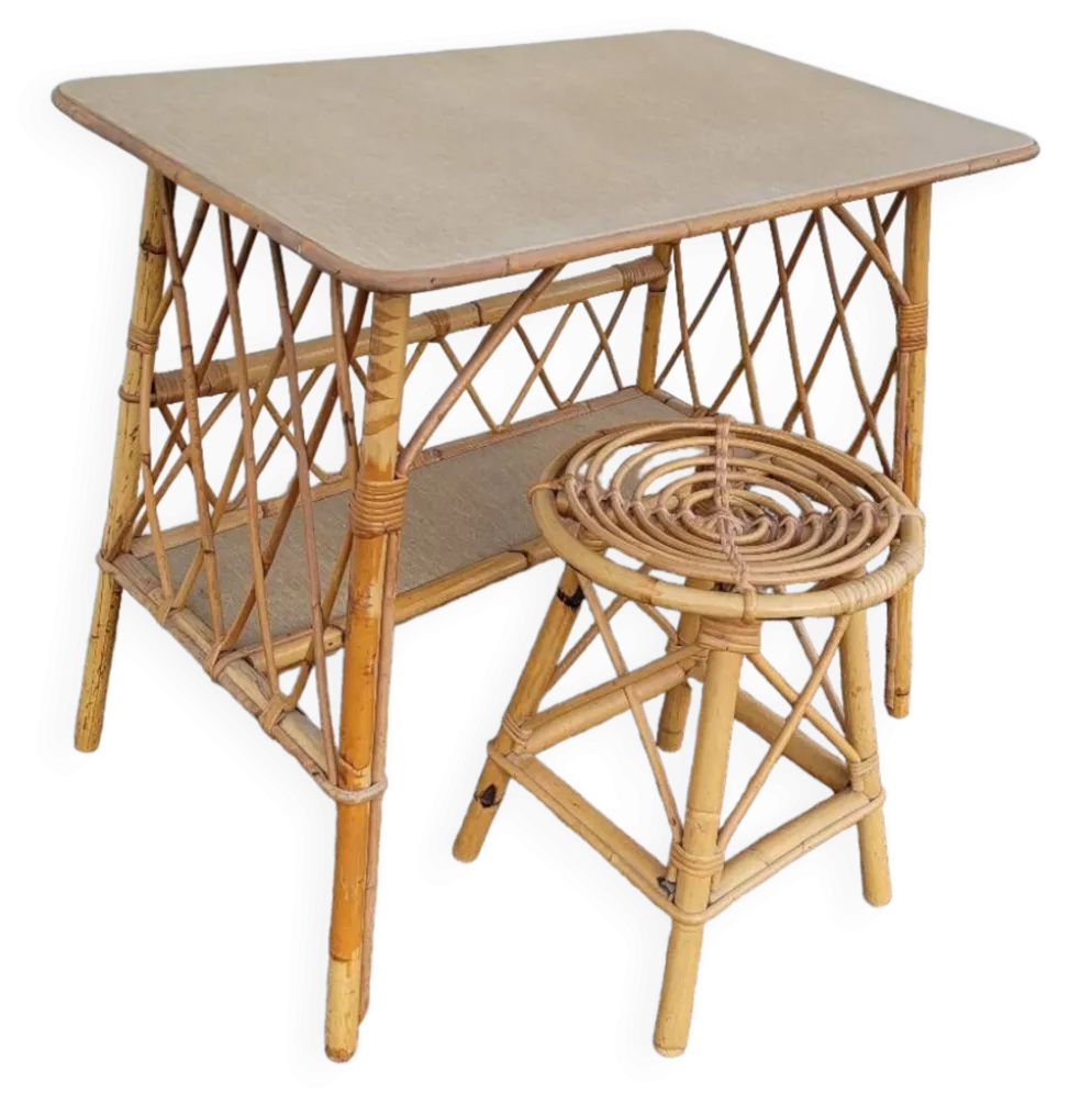 Bureau en rotin avec tabouret vintage- 1950s