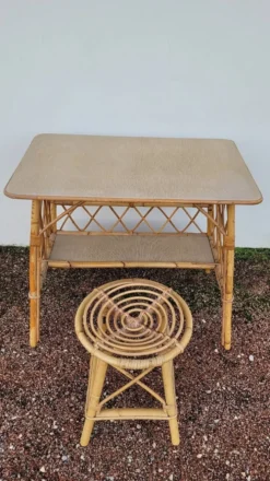 Bureau en rotin avec tabouret vintage- 1950s