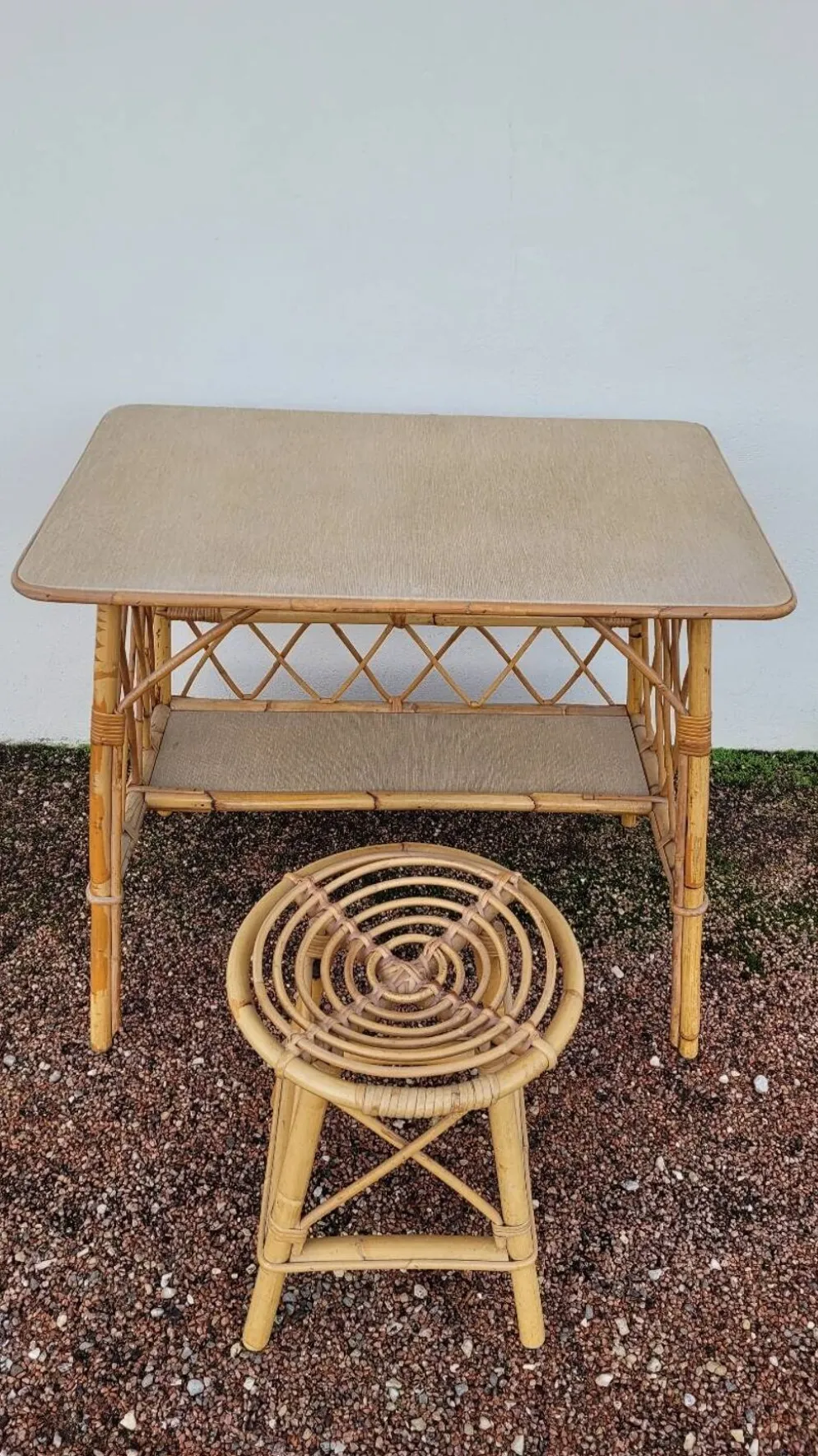 Bureau en rotin avec tabouret vintage- 1950s