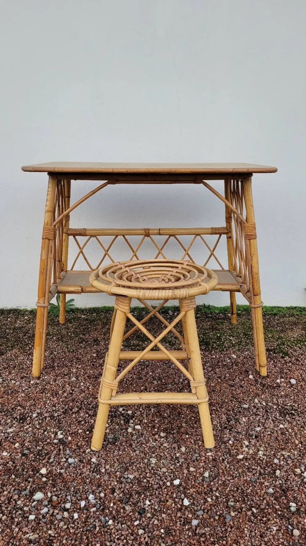 Bureau en rotin avec tabouret vintage- 1950s