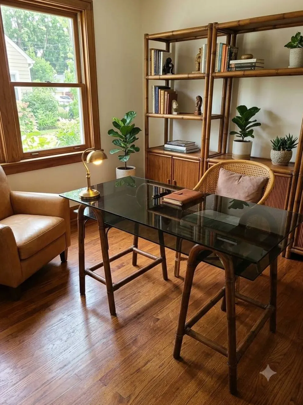 Bureau en rotin double plateau en verre fumé, années 70.