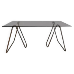 Bureau en verre fumé et sur trétaux tubulaires en chrome design 1970