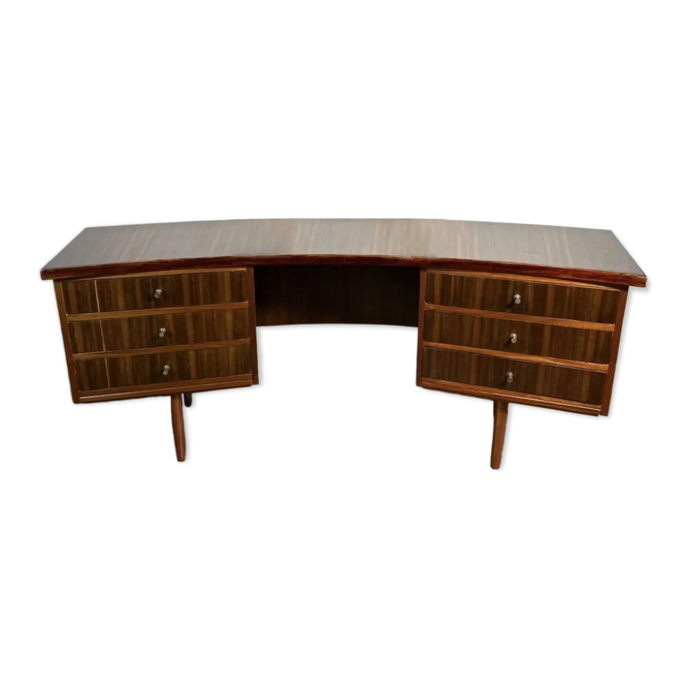 Bureau exécutif en noyer rétro vintage des années 50 par Morris de Glasgow, courbé.