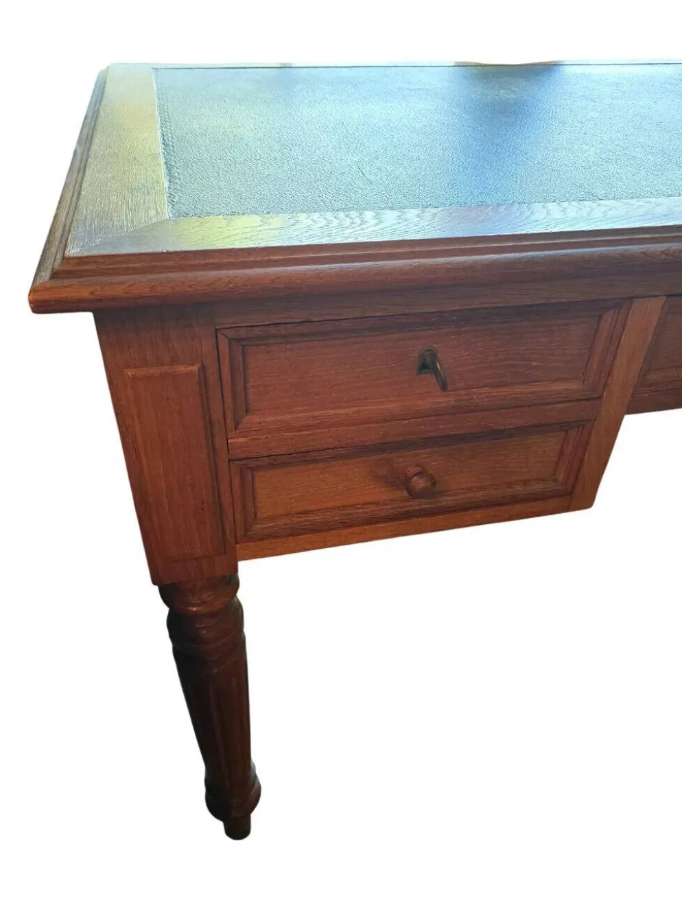 Bureau plat ancien en chêne et cuir noir, style Louis-Philippe
