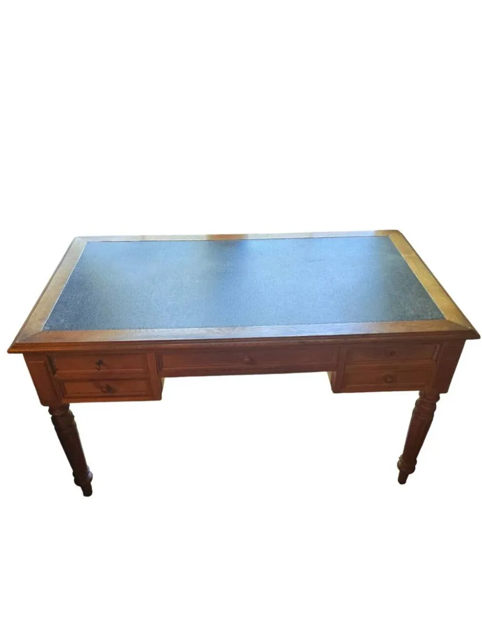 Bureau plat ancien en chêne et cuir noir, style Louis-Philippe