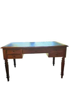 Bureau plat ancien en chêne et cuir noir, style Louis-Philippe