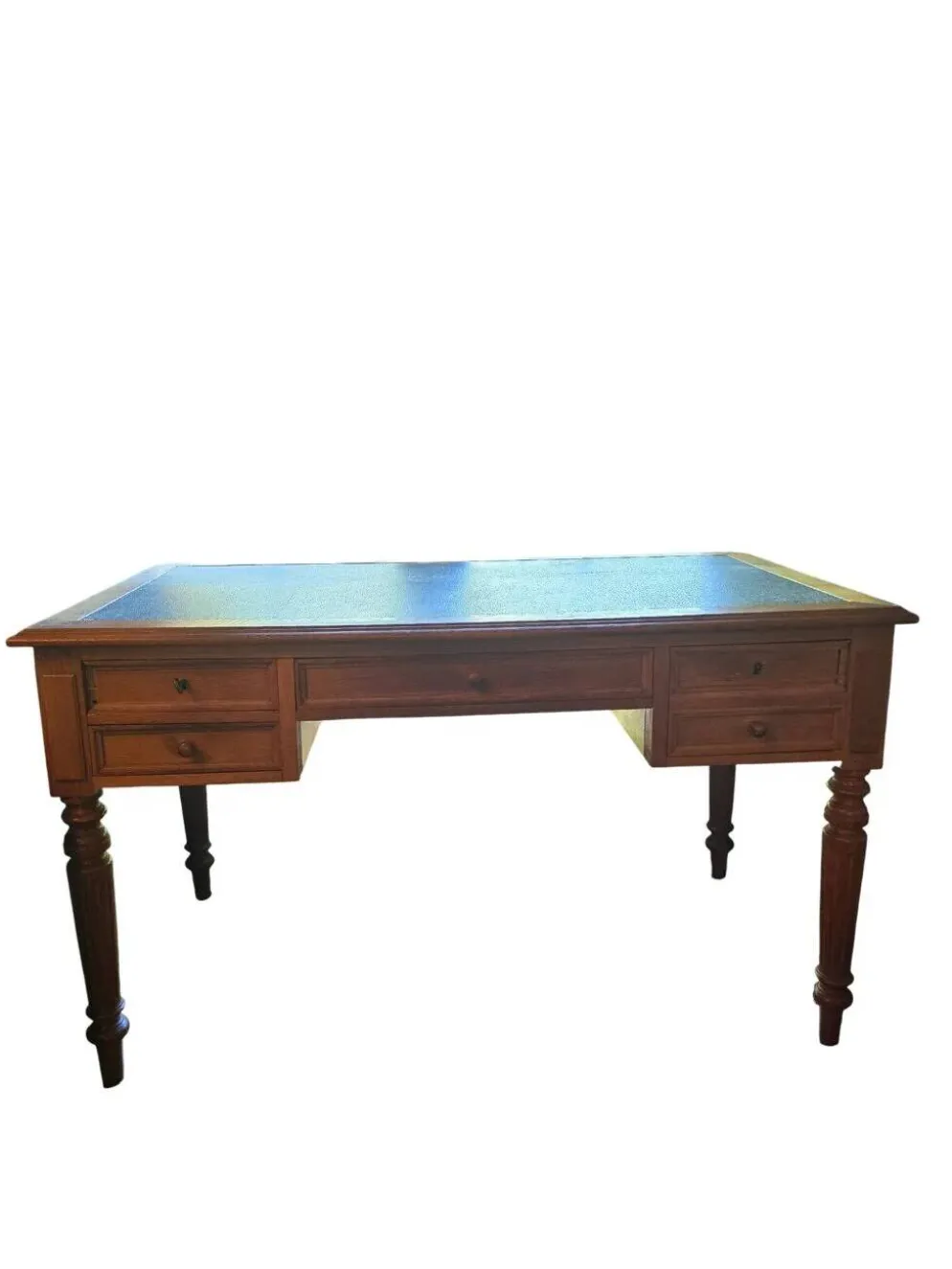 Bureau plat ancien en chêne et cuir noir, style Louis-Philippe