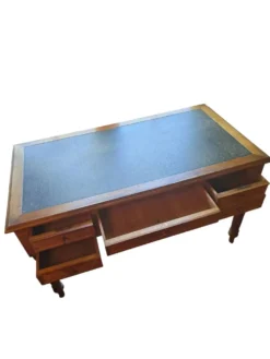 Bureau plat ancien en chêne et cuir noir, style Louis-Philippe