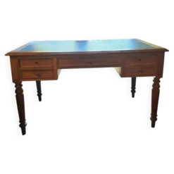 Bureau plat ancien en chêne et cuir noir, style Louis-Philippe