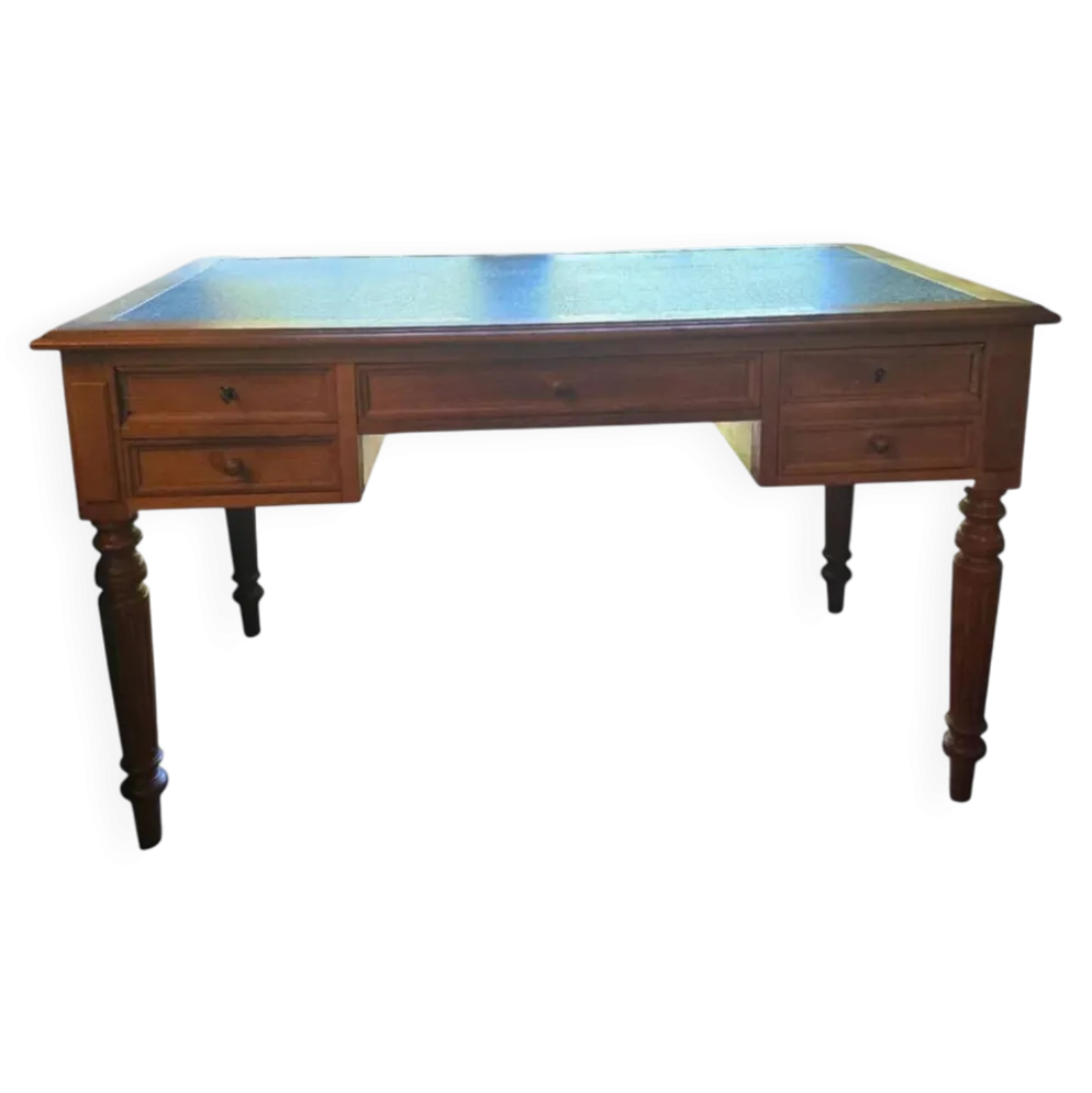 Bureau plat ancien en chêne et cuir noir, style Louis-Philippe