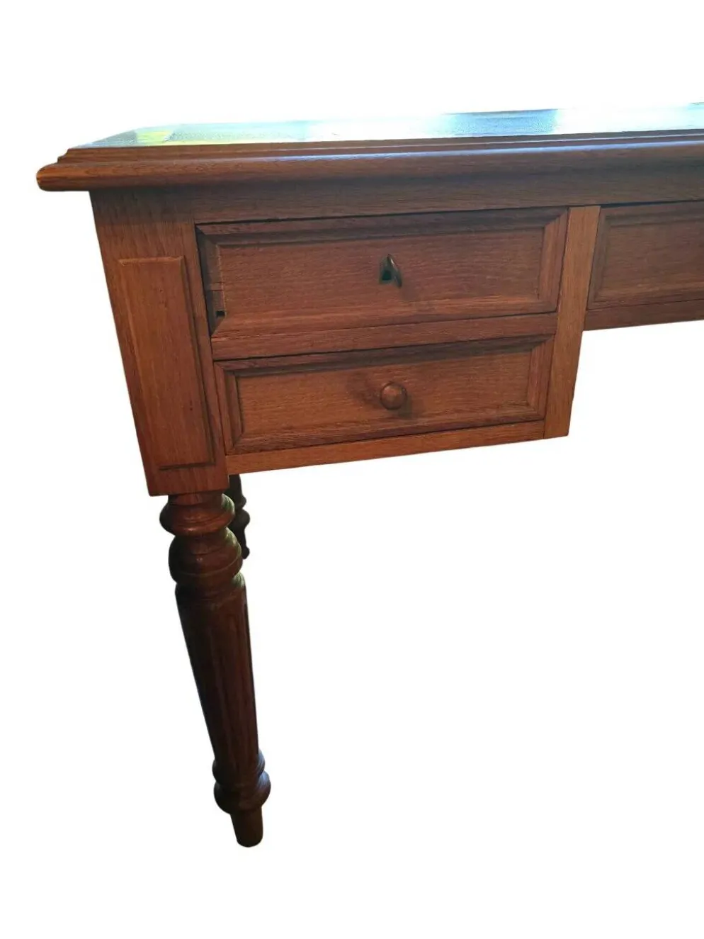 Bureau plat ancien en chêne et cuir noir, style Louis-Philippe