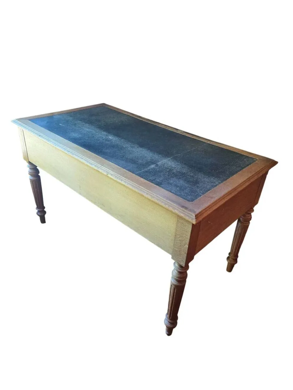 Bureau plat ancien en chêne et cuir noir, style Louis-Philippe