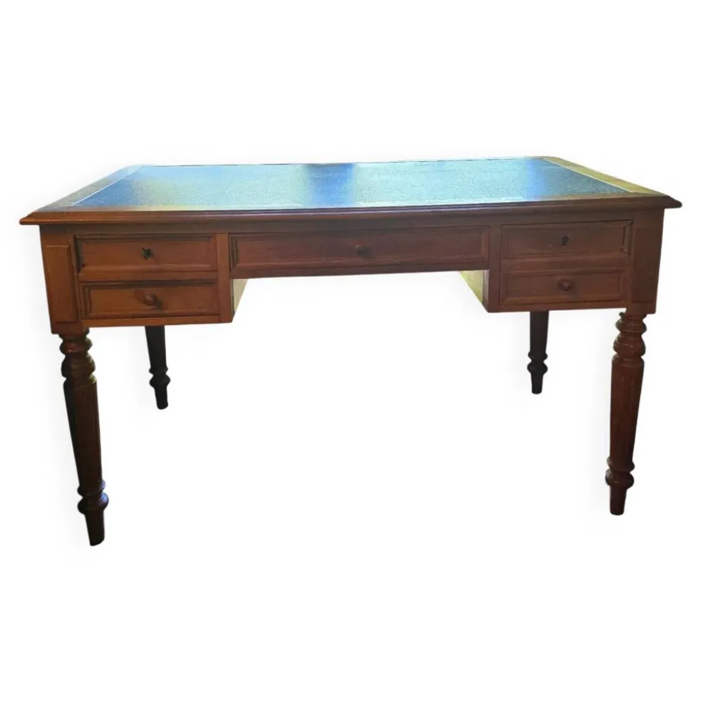 Bureau plat ancien en chêne et cuir noir, style Louis-Philippe