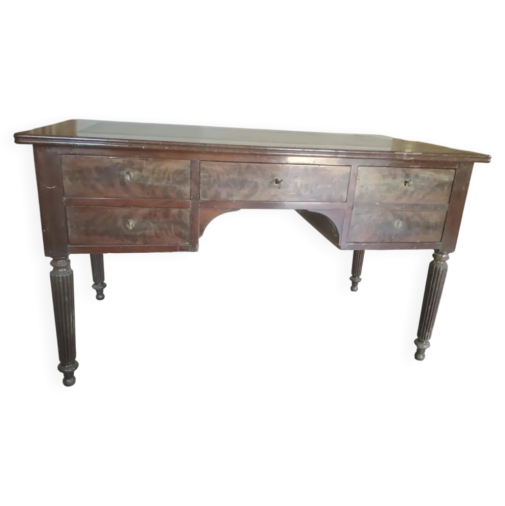 Bureau plat ancien style Louis XVI – acajou – cuir vert – 5 tiroirs