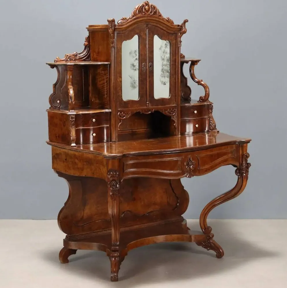 Bureau secrétaire ancien Louis-Philippe en noyer, 5 tiroirs, XIXe siècle