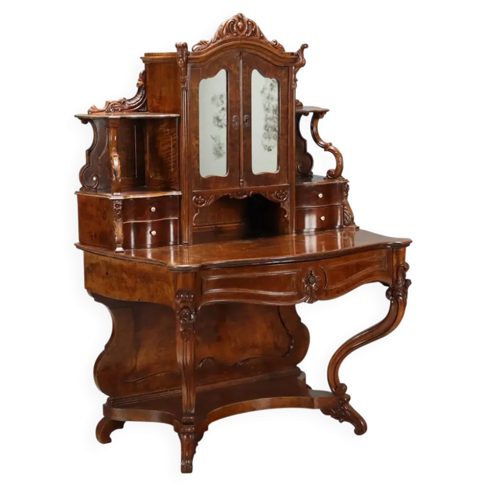 Bureau secrétaire ancien Louis-Philippe en noyer, 5 tiroirs, XIXe siècle