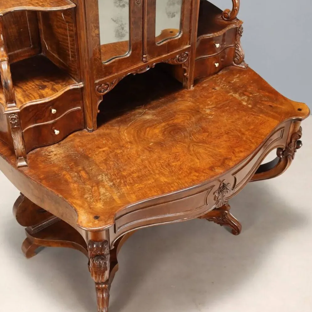 Bureau secrétaire ancien Louis-Philippe en noyer, 5 tiroirs, XIXe siècle