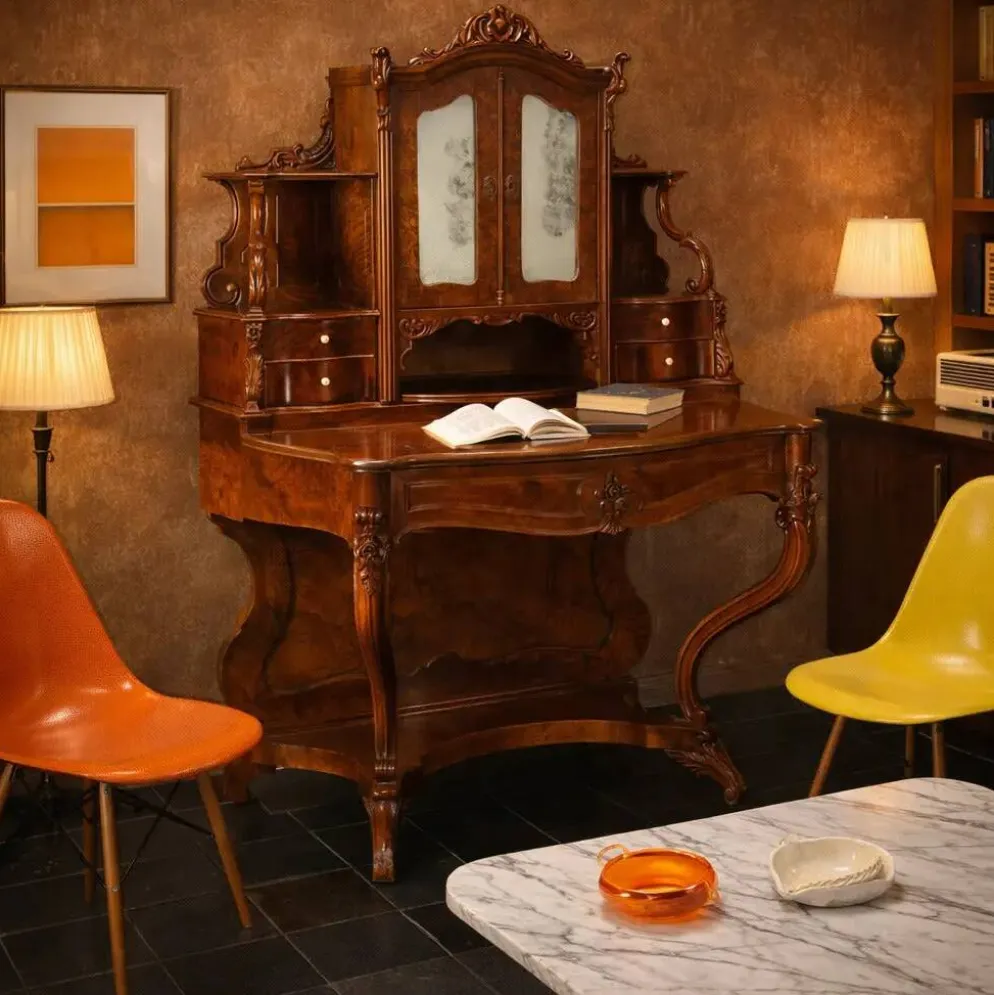 Bureau secrétaire ancien Louis-Philippe en noyer, 5 tiroirs, XIXe siècle
