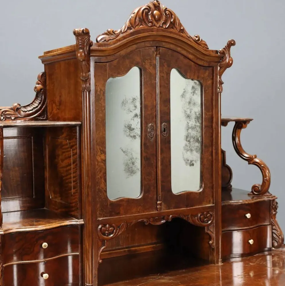 Bureau secrétaire ancien Louis-Philippe en noyer, 5 tiroirs, XIXe siècle