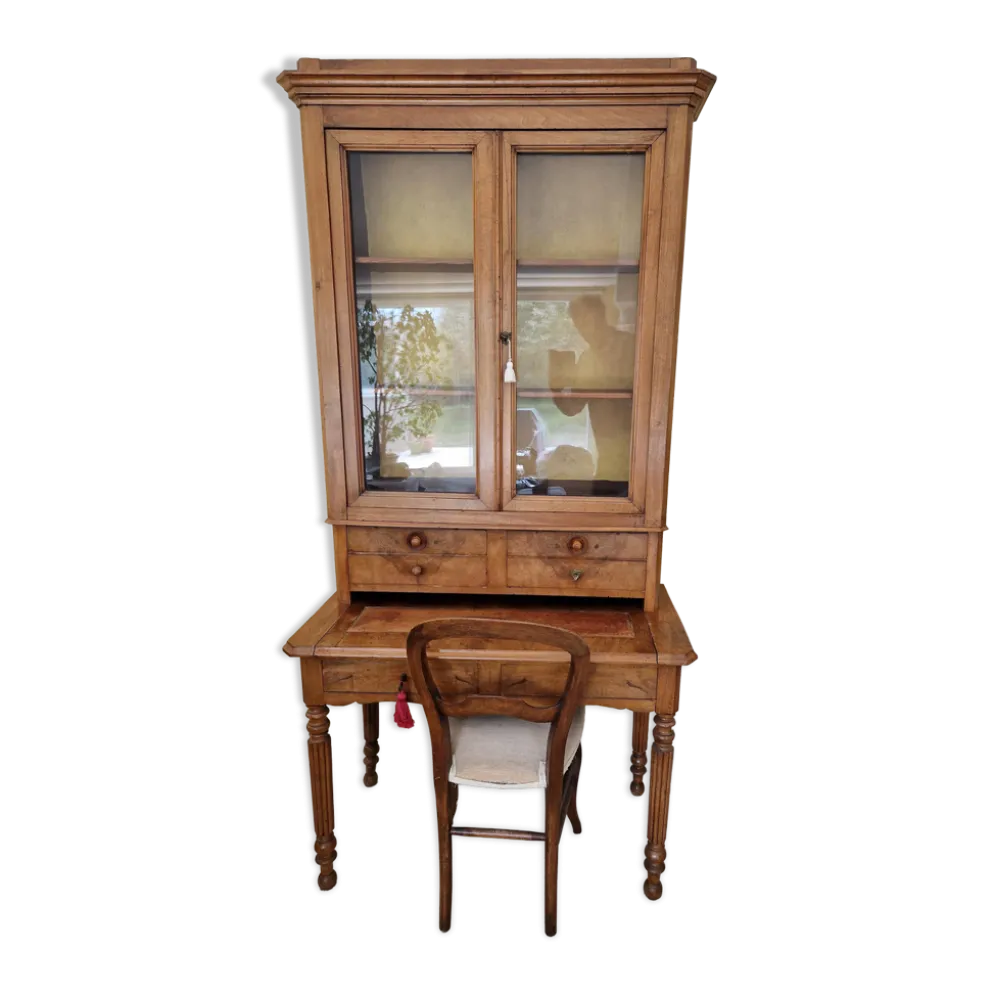 Bureau-secrétaire avec surmeuble vitrine en noyer