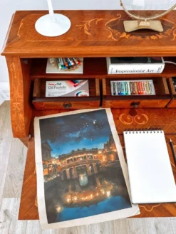 Bureau secrétaire bombé marqueté italien Louis XV, années 1960