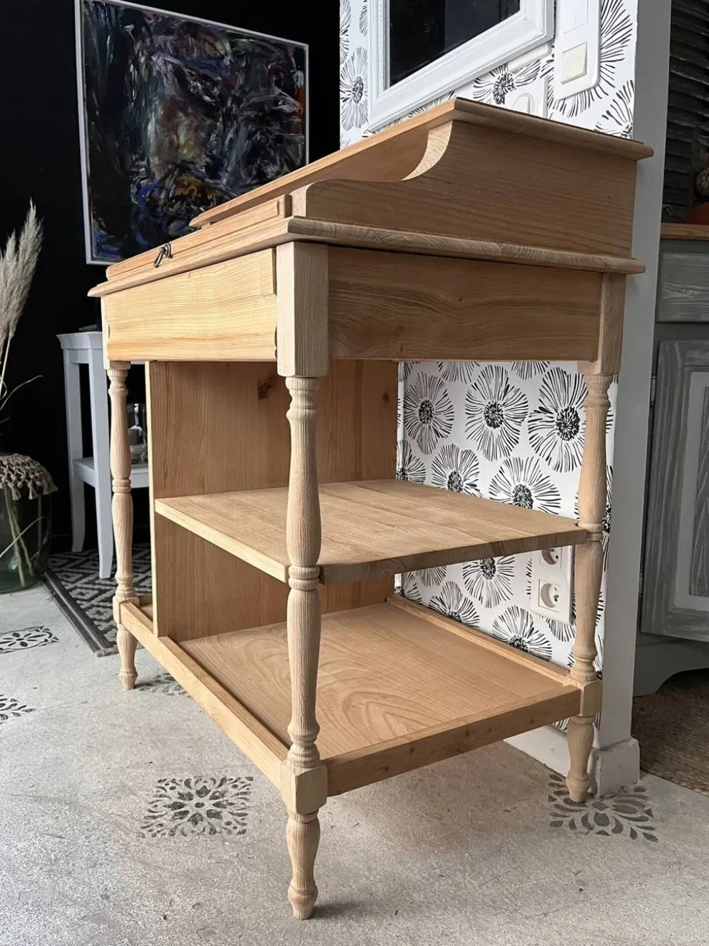 Bureau secrétaire console bois clair vintage Alphonse avec tiroir
