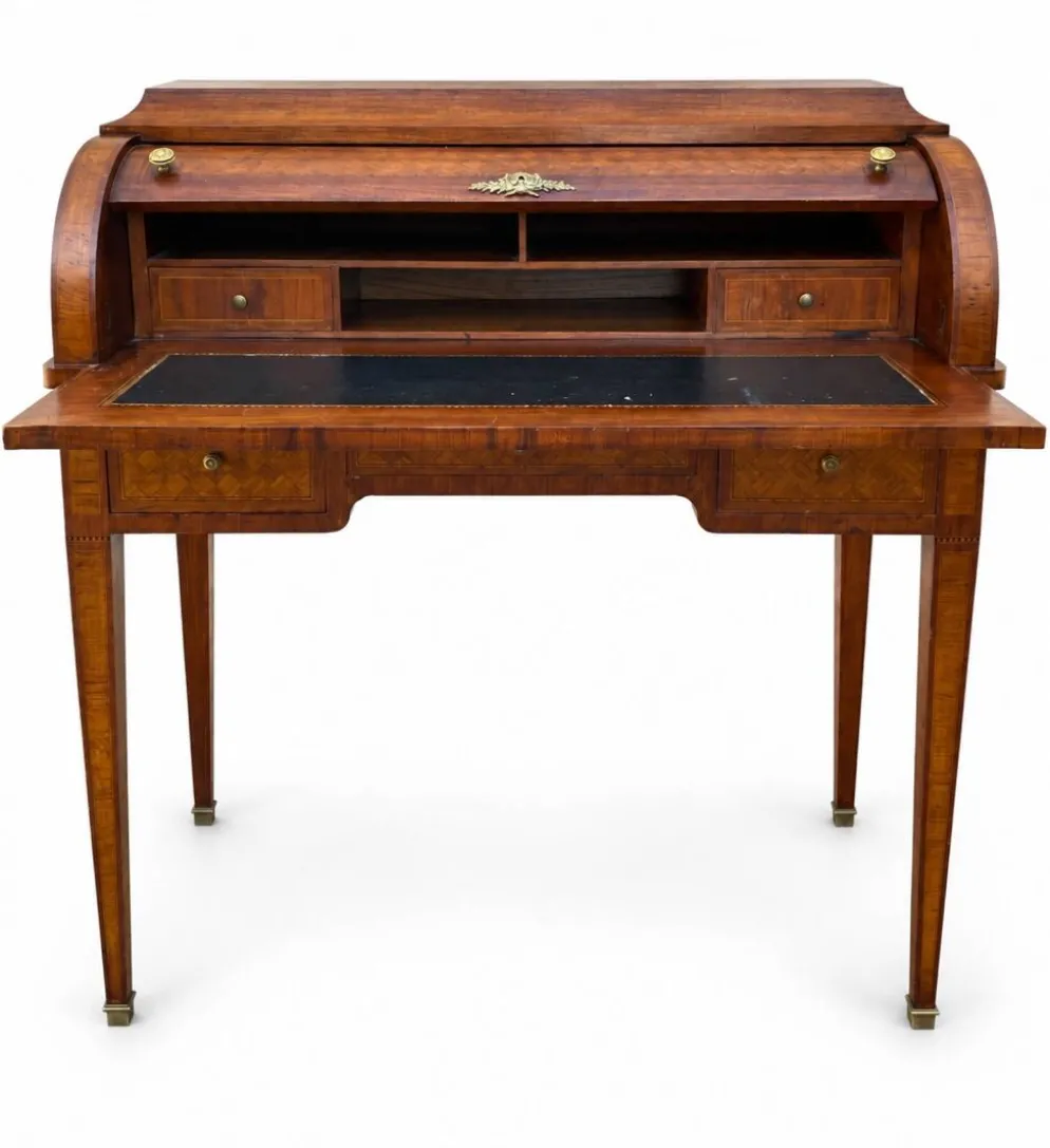Bureau secrétaire à cylindre Louis XVI marqueterie en croisillons
