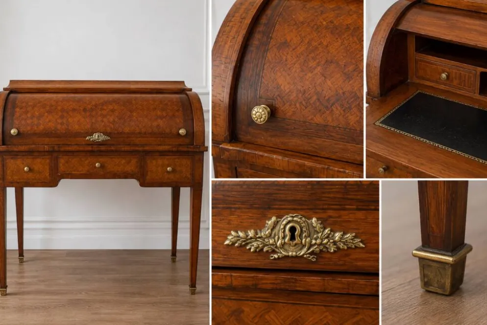 Bureau secrétaire à cylindre Louis XVI marqueterie en croisillons