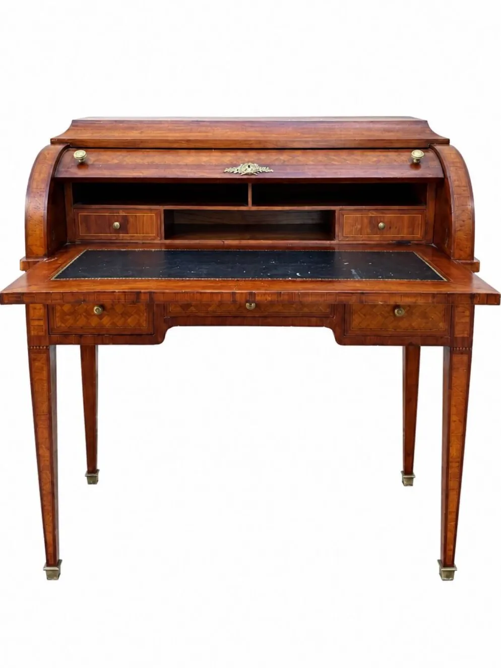 Bureau secrétaire à cylindre Louis XVI marqueterie en croisillons